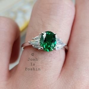 1.20CT Oval shape emerald diamond ring in sterling silver